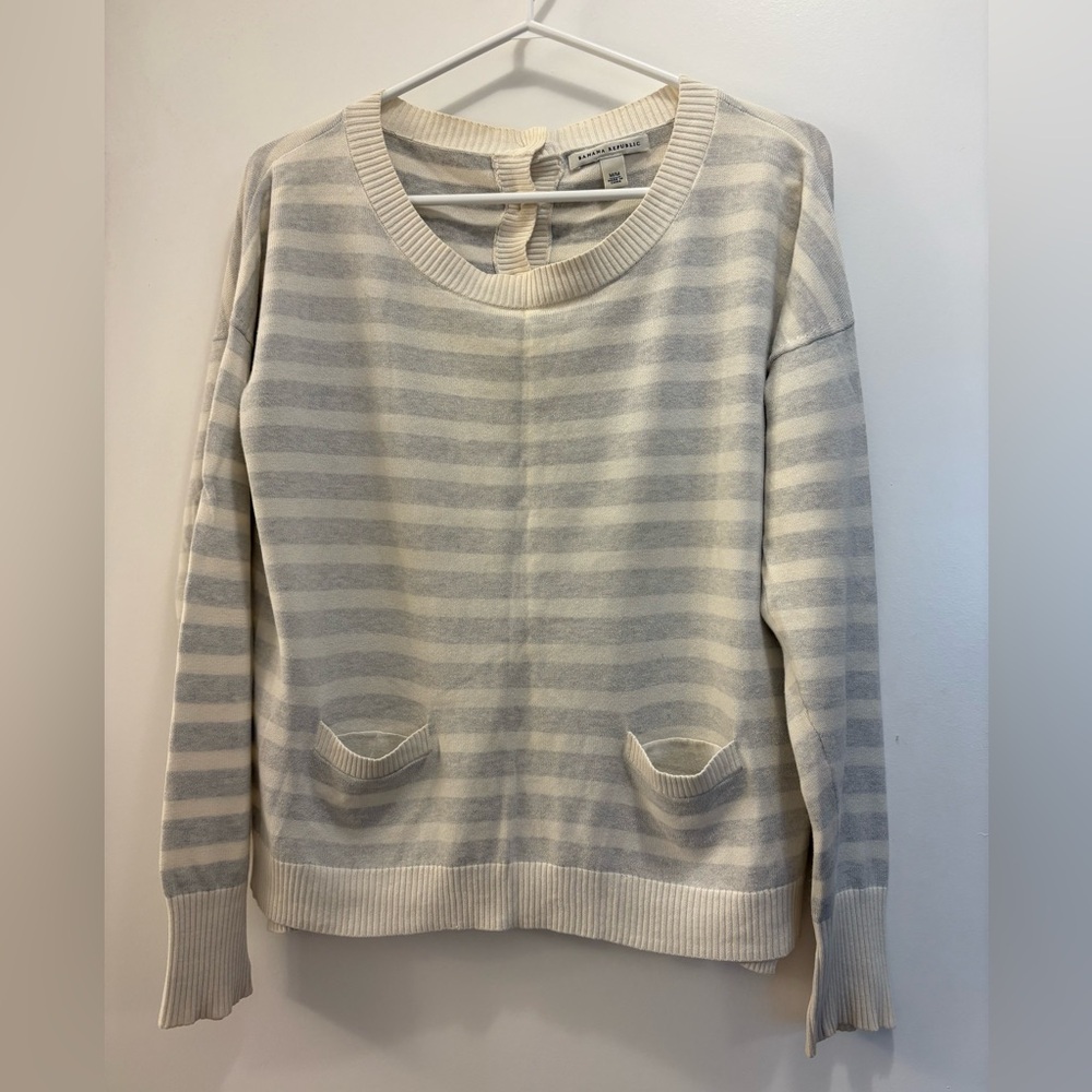 Banana Republic Ivory and Light Gray Striped Knit Top